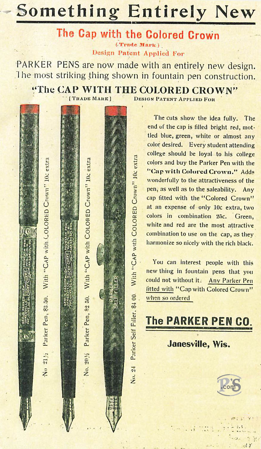 A flyer of Parker pen and the cap with the Colored Crown advertising. 1908