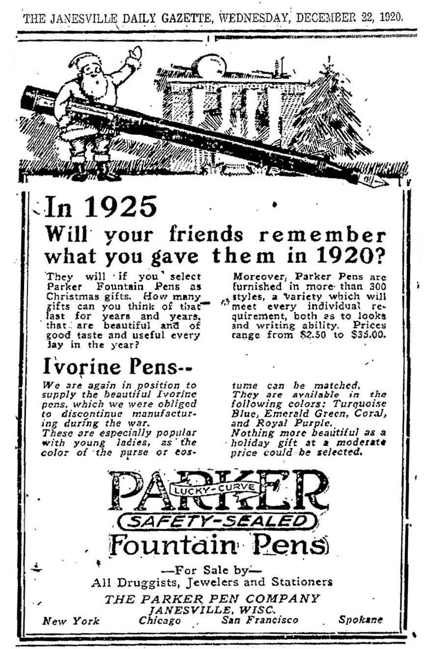 Parker pen Ivorine 1920 Christmas ad.