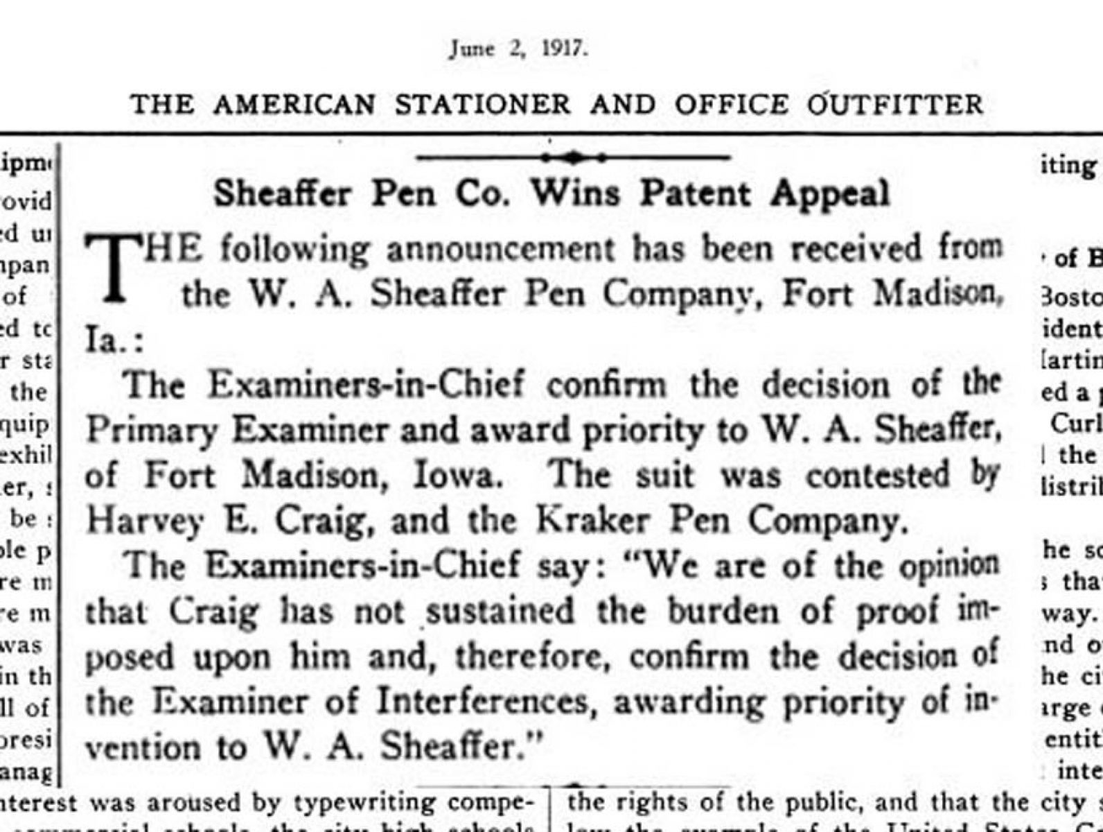 1917 06 02 Sheaffer wins patent appeal
