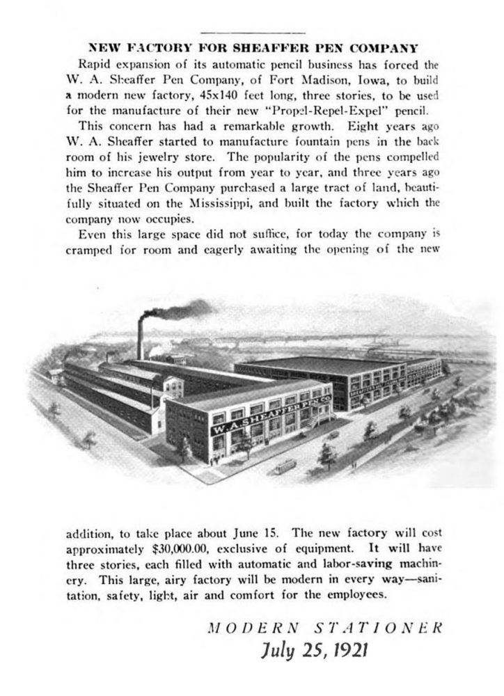 1921 07 25 Sheaffer´s New factory