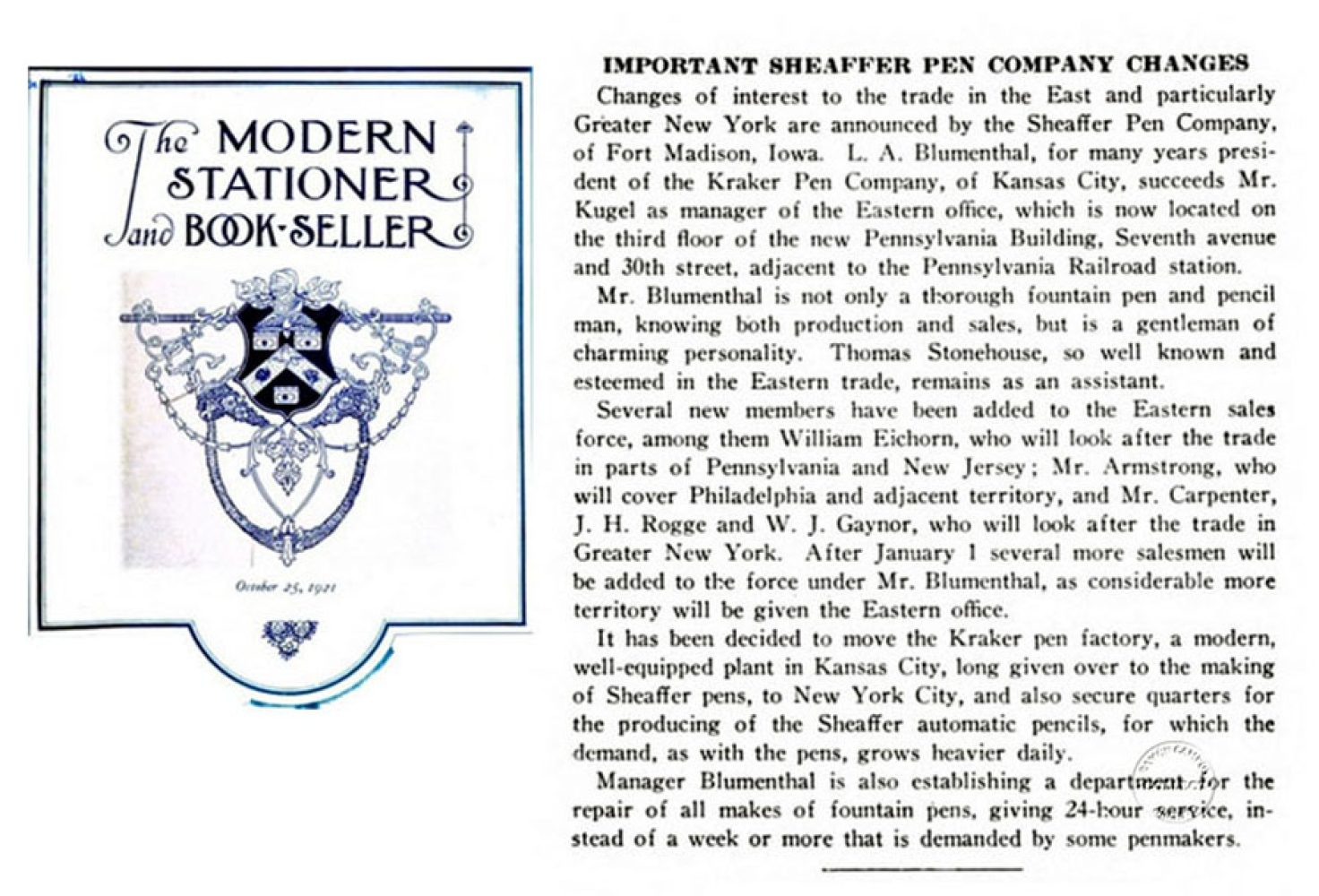 1921 10 25 Sheaffer emplea a Blumenthal (enemigo) conforme su Biografia