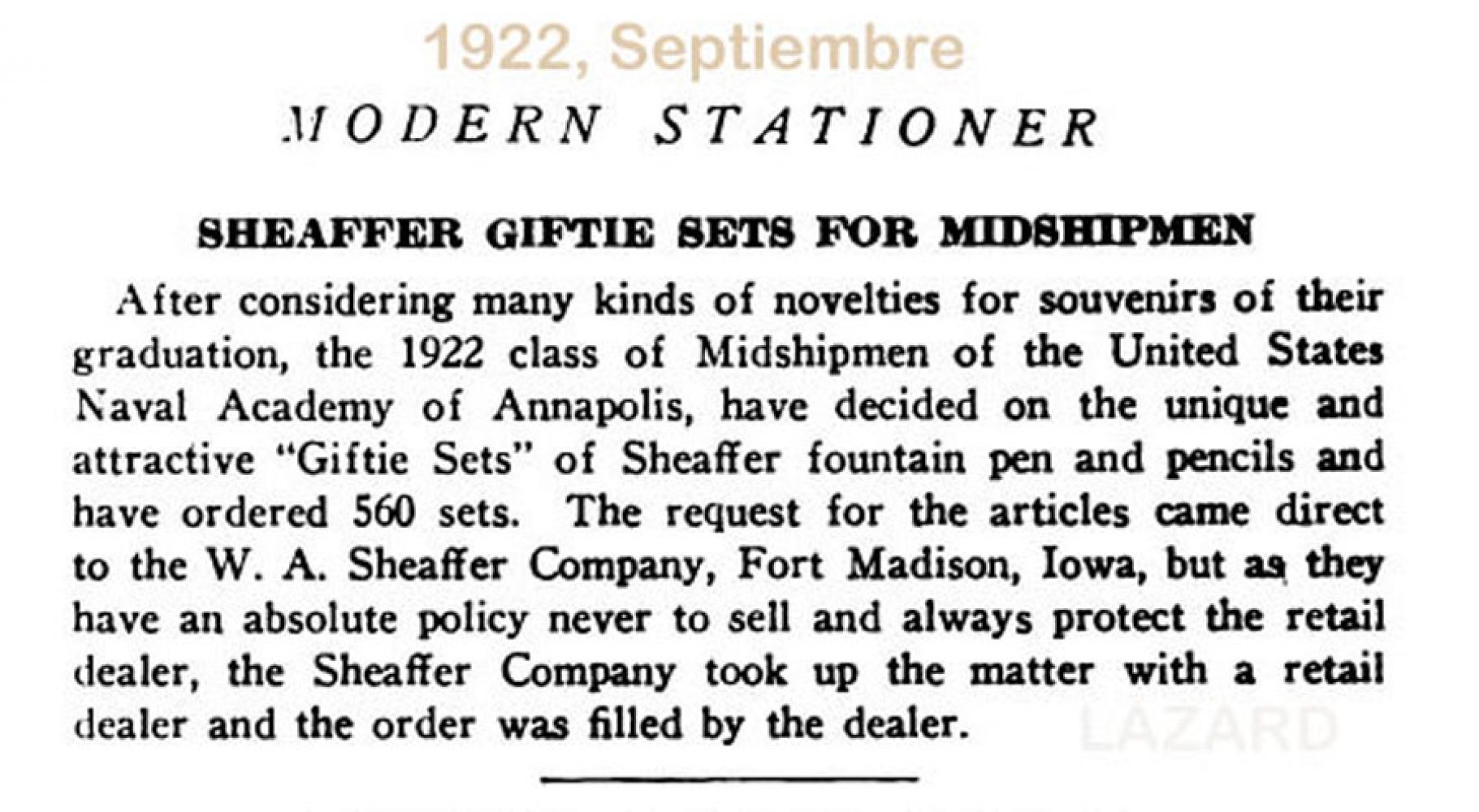 1922 09 01 Sheaffer protege a dealers y no vende directamente