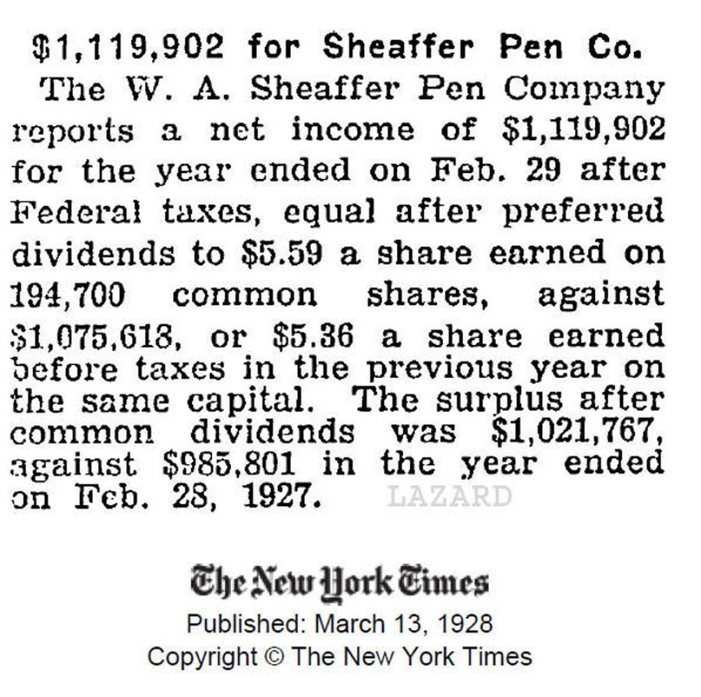1928 03 13 Sheaffer bonus income profit beneficios 1927