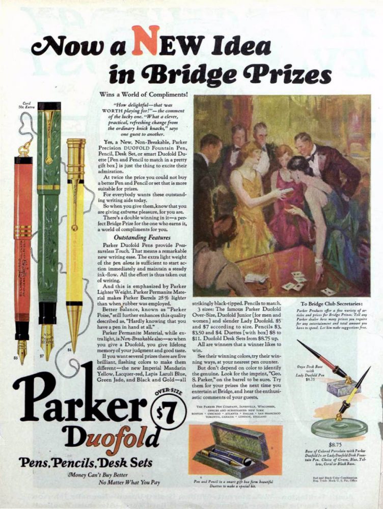 April, 7,  1928. Saturday Evening Post ad. Parker porcelain oval pen desk set type I.