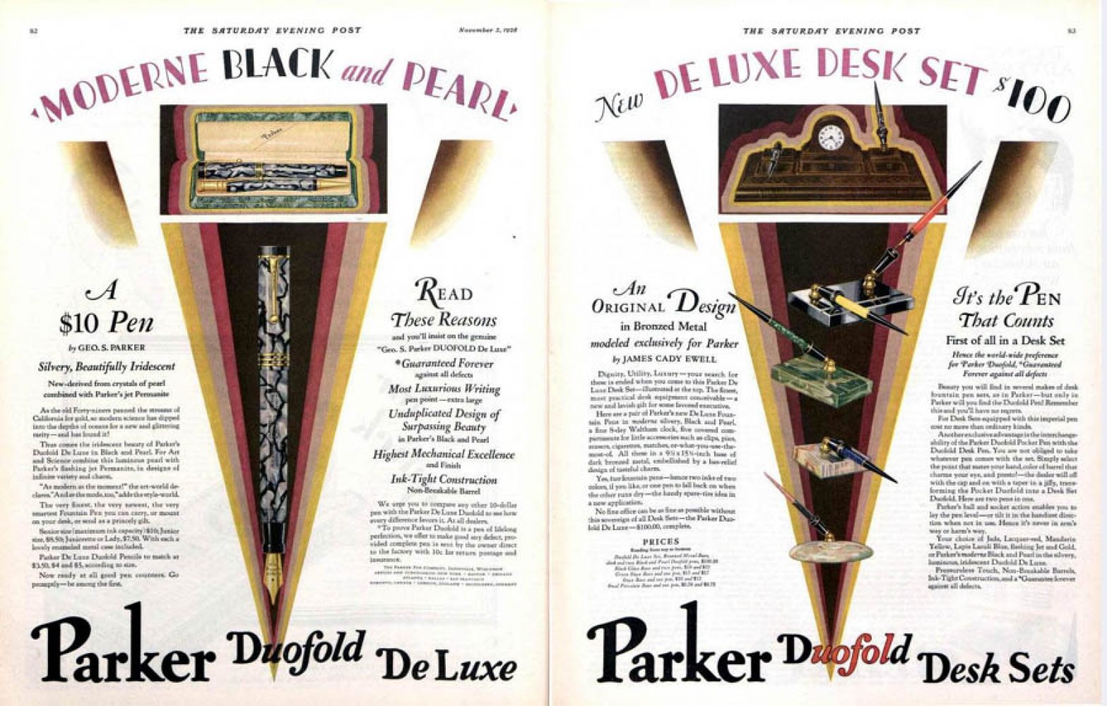 November 11, 1928. Saturday Evening Post ad. Parker porcelain oval pen desk set type III.
