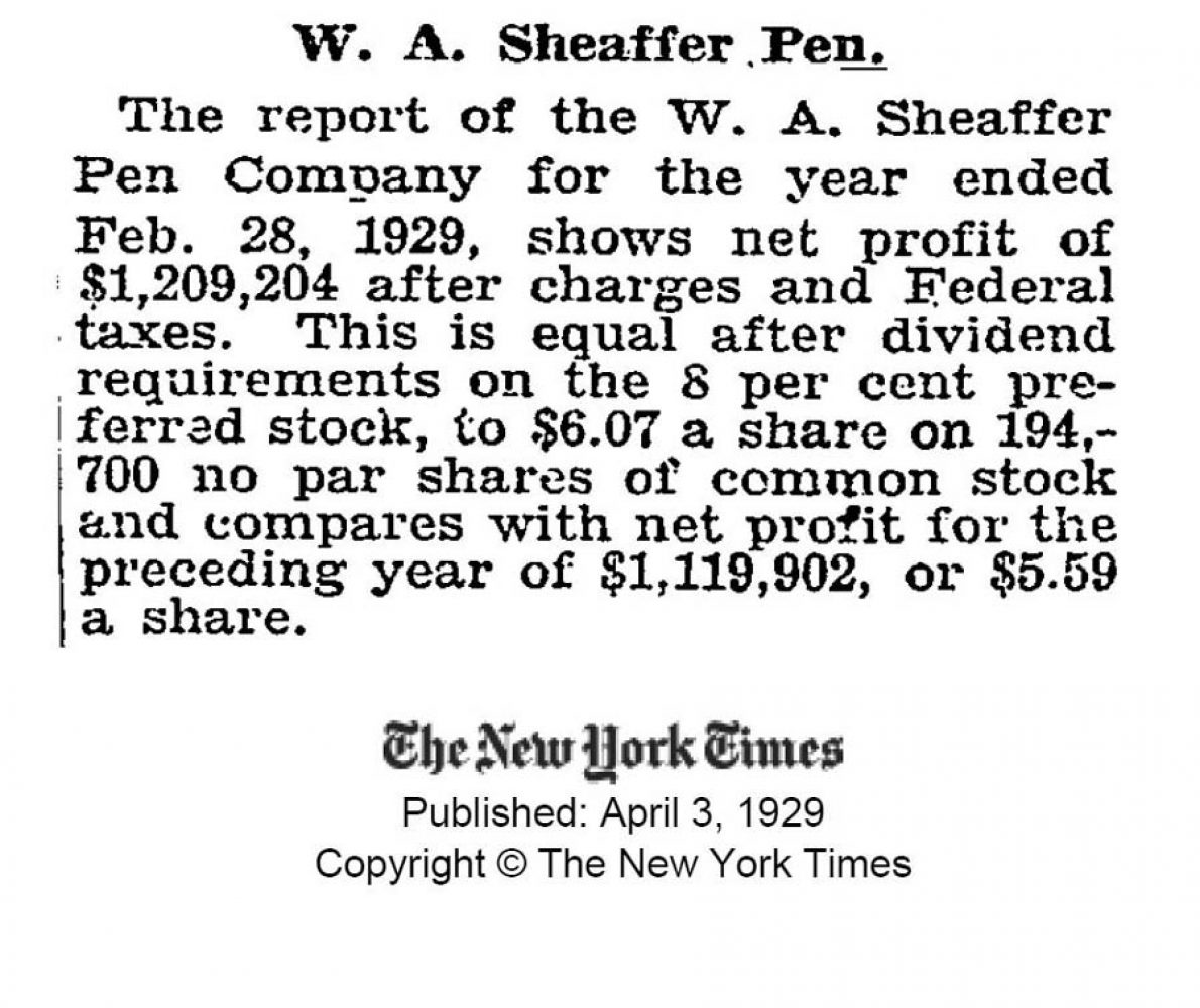 1929 04 03 Sheaffer income profit beneficios 1928