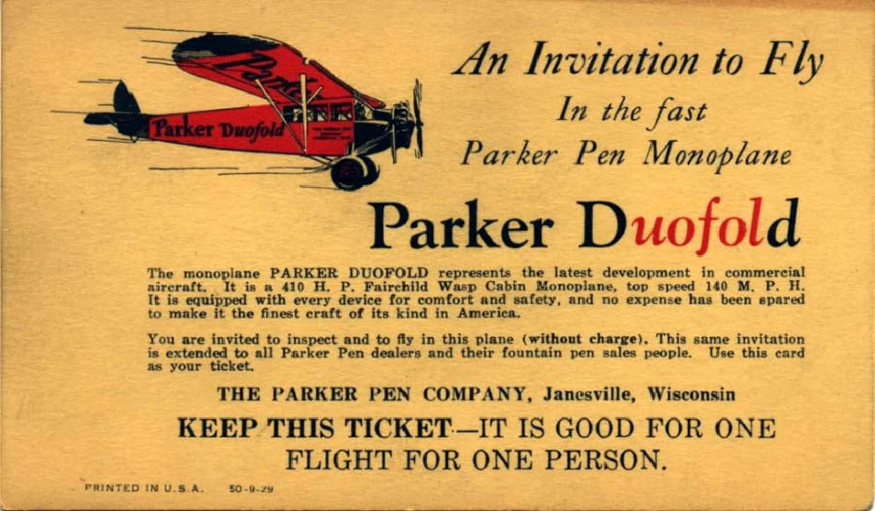 1929 09 00 Invitation Parker Duofold Monoplane