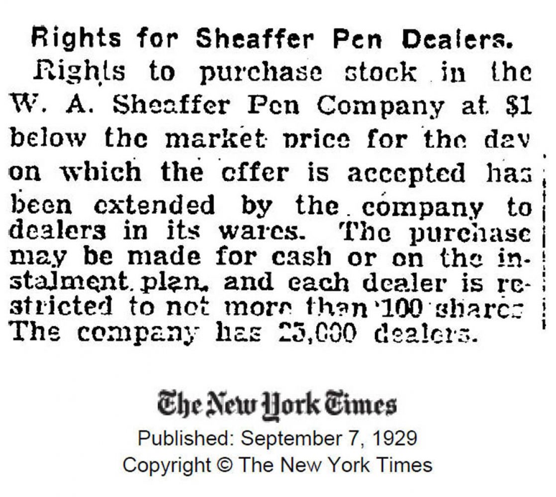 1929 09 07 Sheaffer bonus dealers stocks acciones