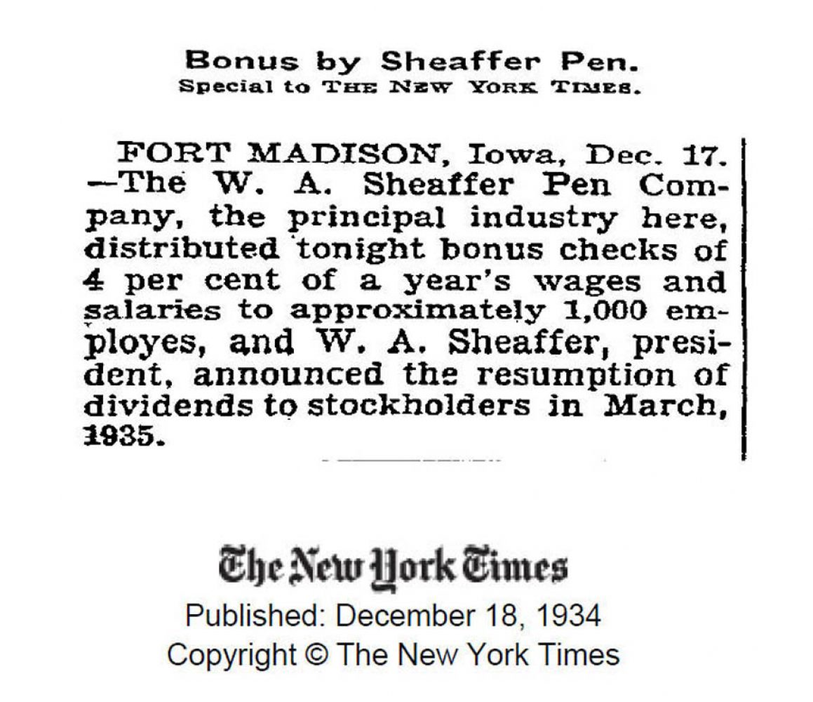 1934 12 18 Sheaffer bonus employes