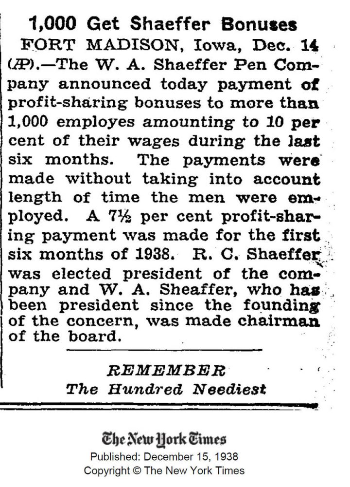 1938 12 15 Sheaffer employees bonus