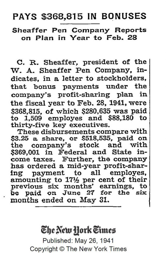 1941 05 25 Sheaffer bonus employees