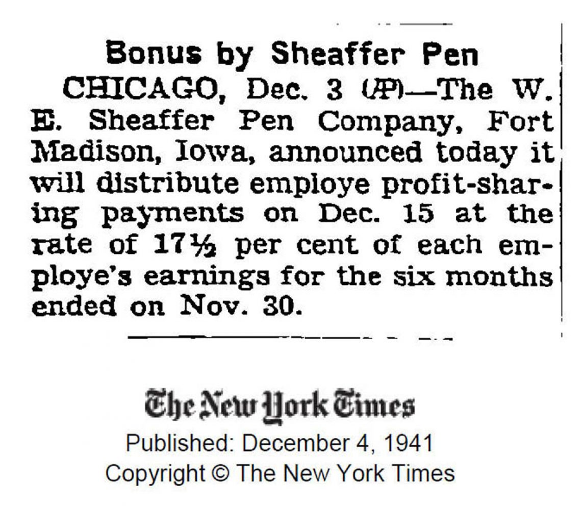 1941 12 04 Sheaffer bonus employee