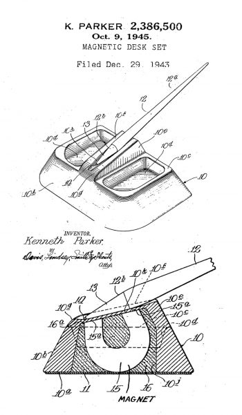 Kenneth Parker’s patent num. US 2,386,500 for a magnetic pen set desk.