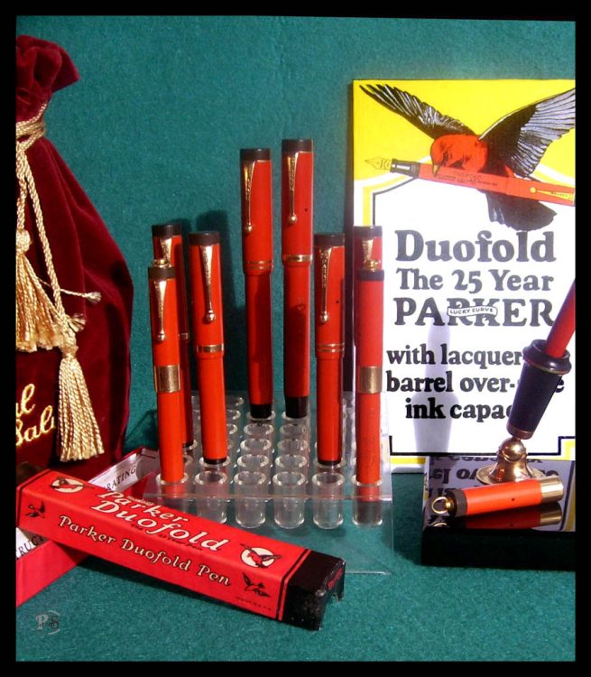 Parker Duofolds furnished in Permanite celluloid. Circa 1925.